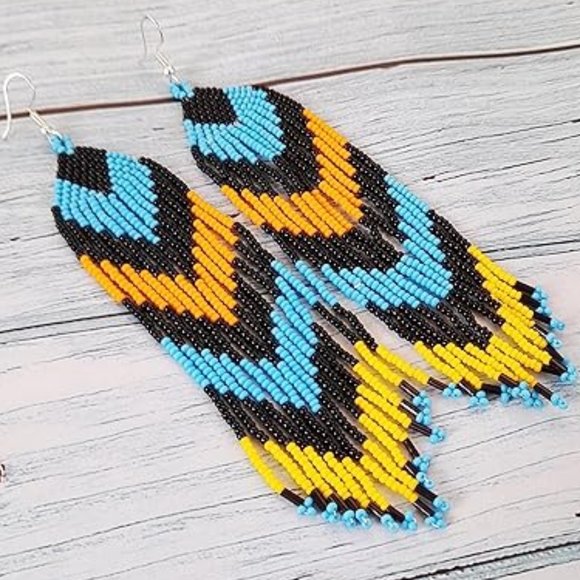Long 6" Turquoise Blue Black Beaded Fringe Dangle Earrings Bohemian Style New - Picture 1 of 4